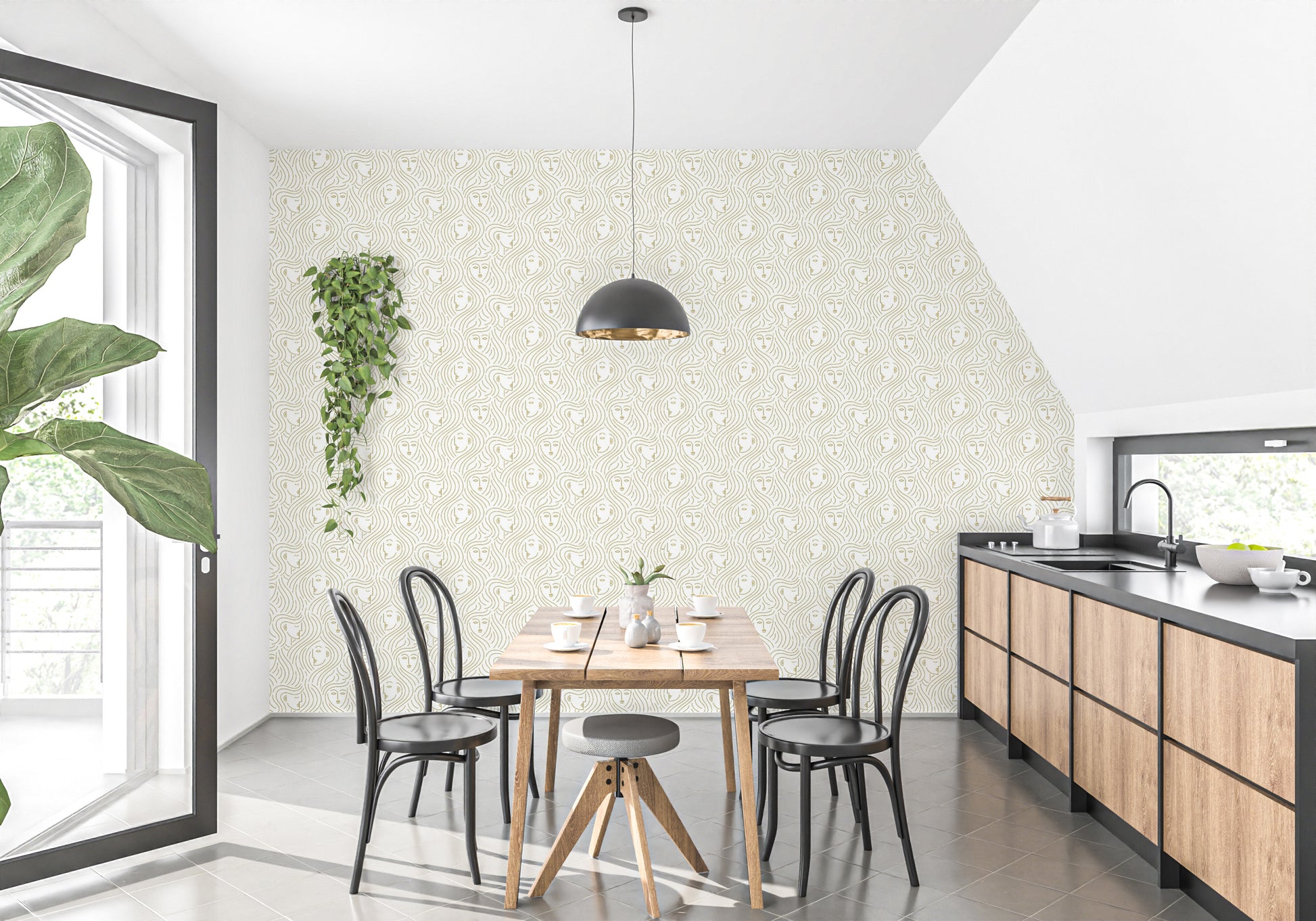 Neutral wallpaper mural with repetitive face motifs and fine detailing