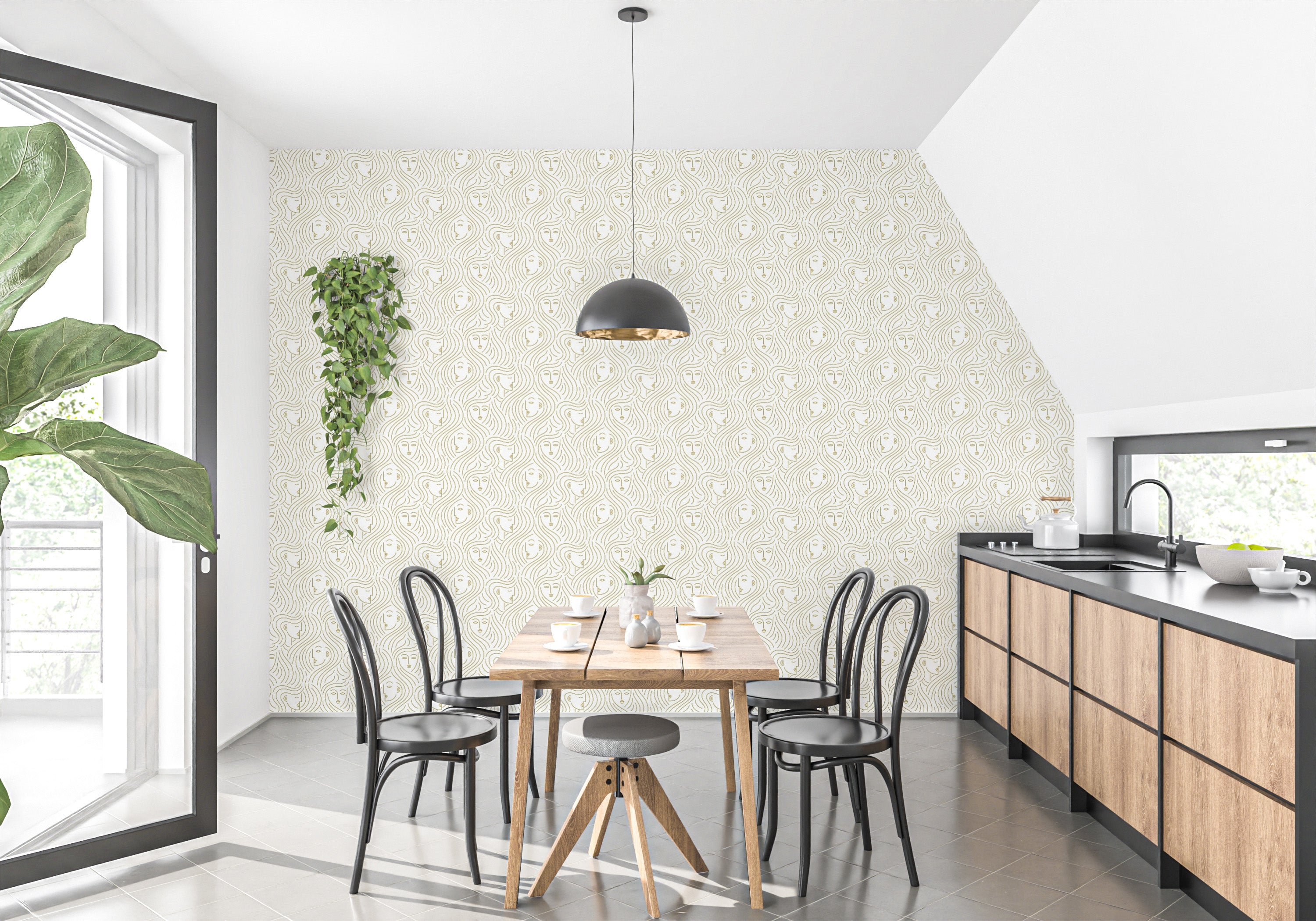 Neutral wallpaper mural with repetitive face motifs and fine detailing