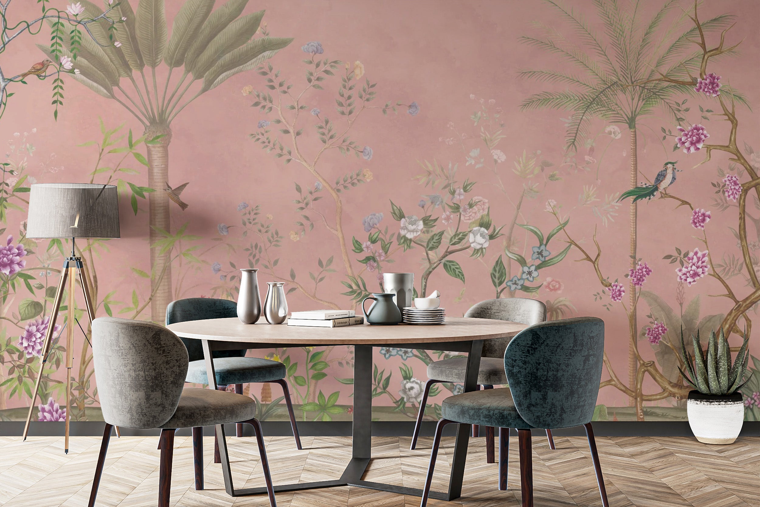 Luxurious pink tropical chinoiserie wallpaper for walls
