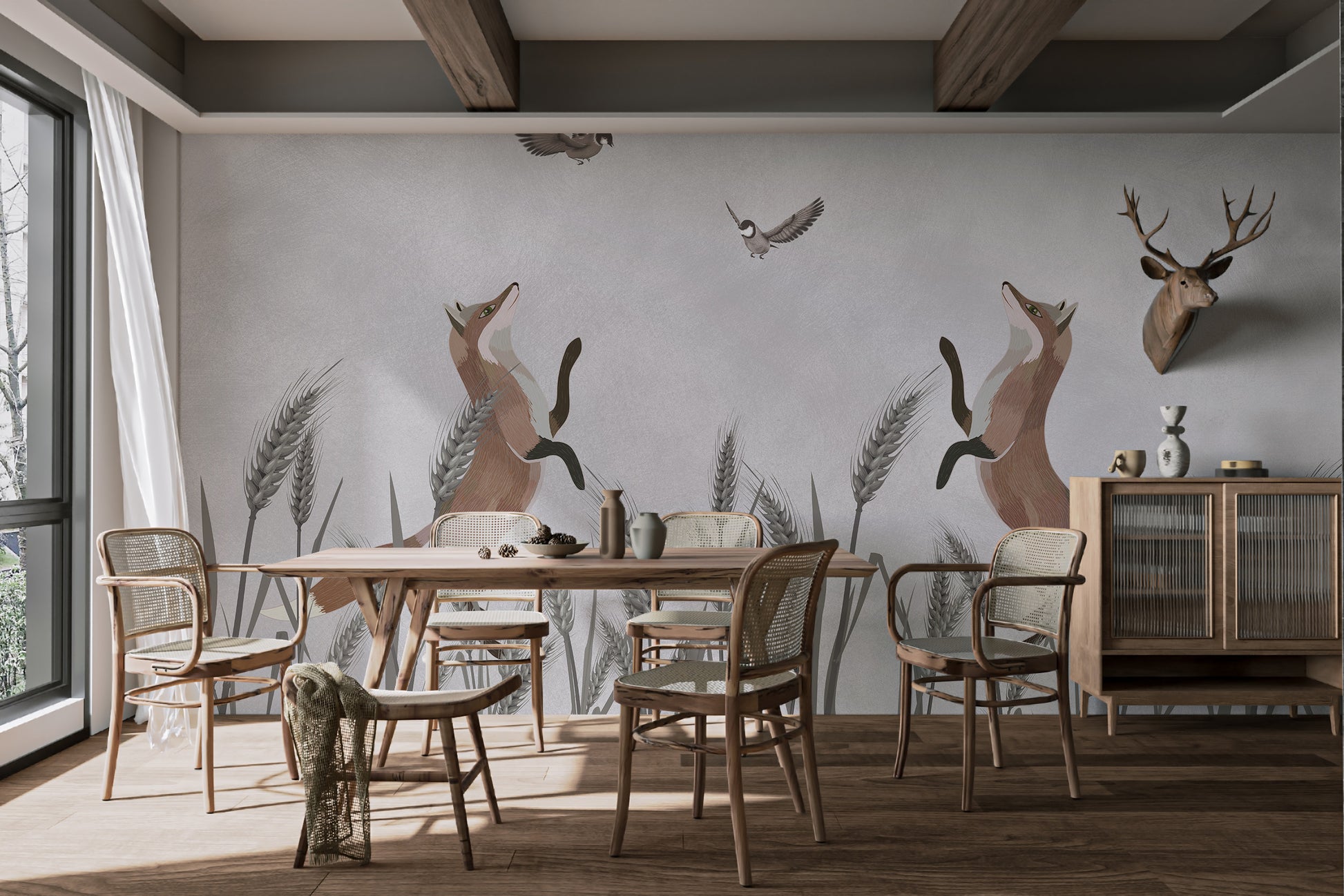 Foxes chasing birds in a playful kids wall mural