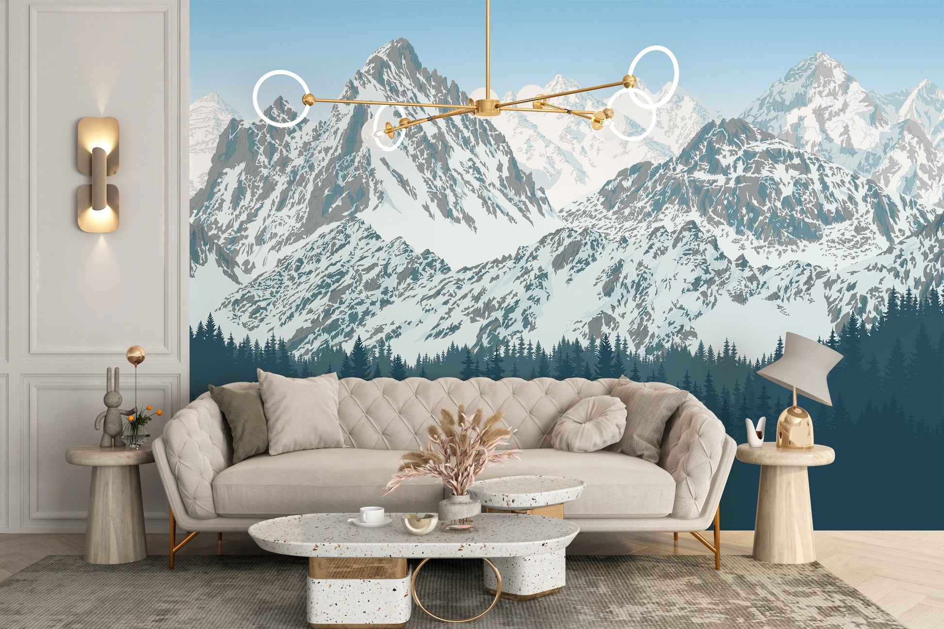 Snow-covered peaks with forest mural design
