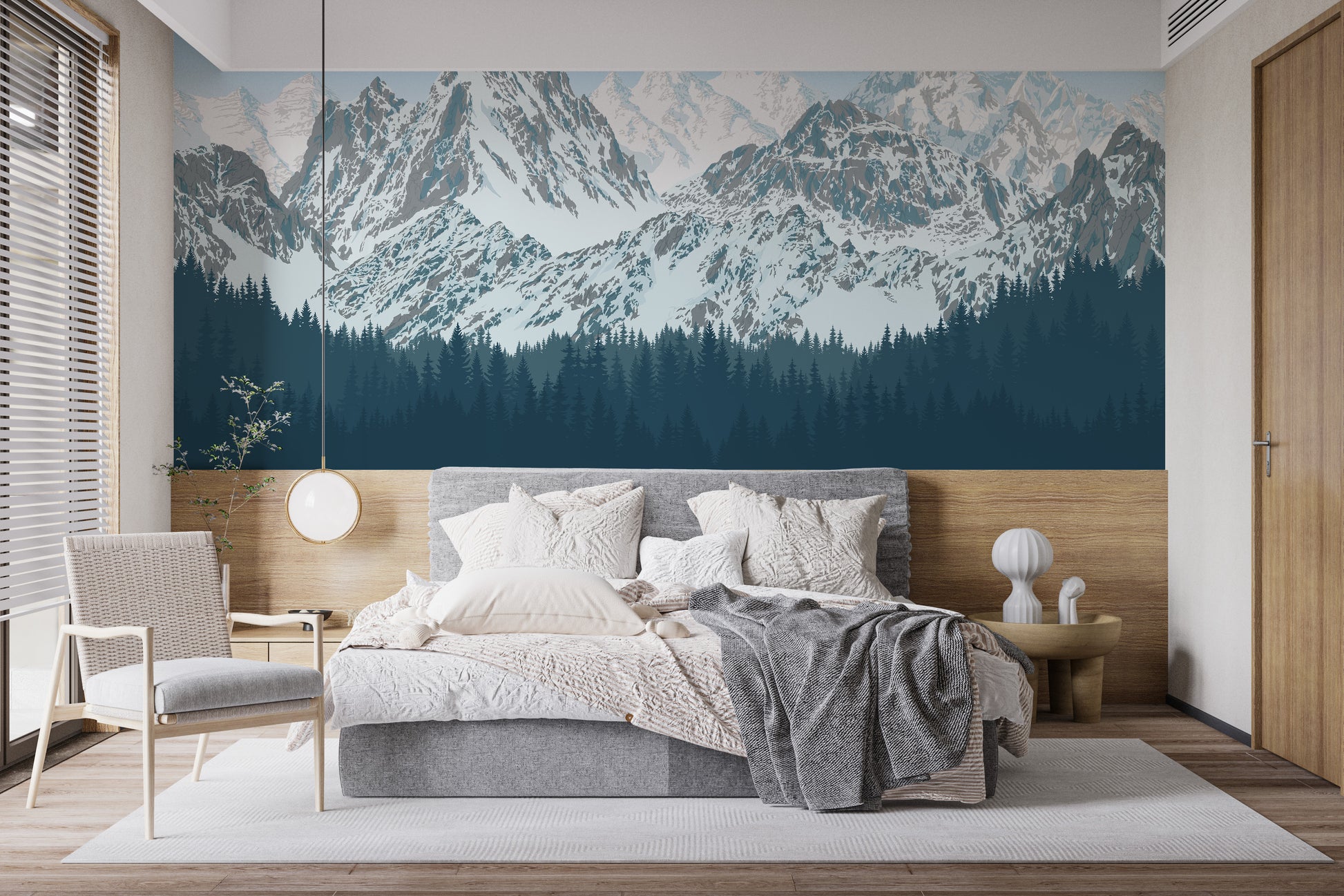 Mural showing tropical trees and snowy slopes
