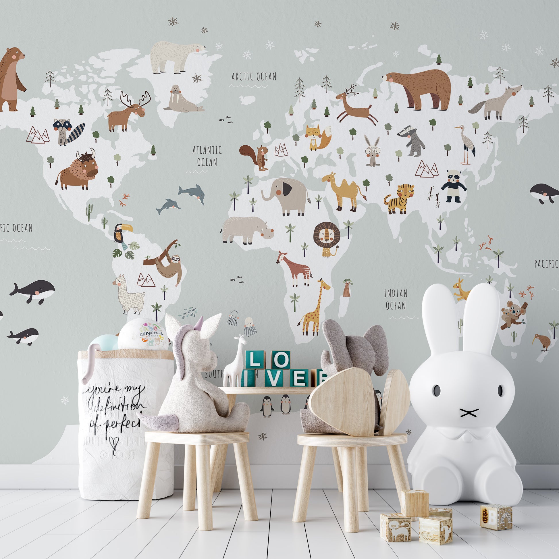 Animal-themed world map wallpaper for expansive wall decor
