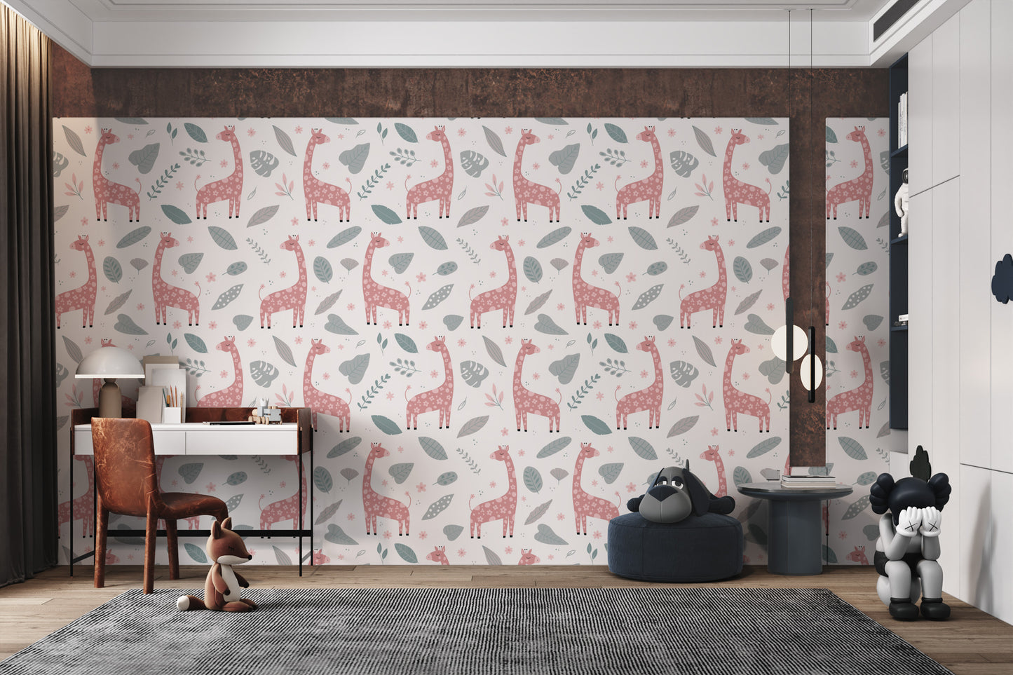 Giraffe and Leaves Wallpaper Mural - Pink