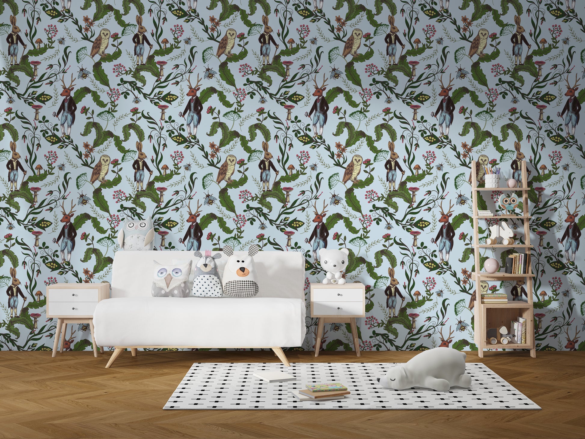 Leafy wallpaper mural with rabbit owl
