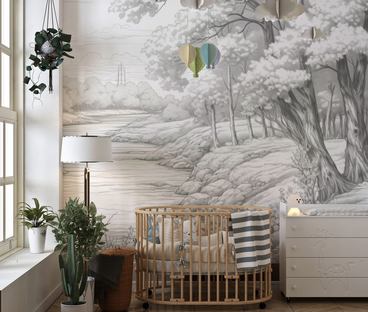 Subtle grey forest wallpaper mural for calming spaces
