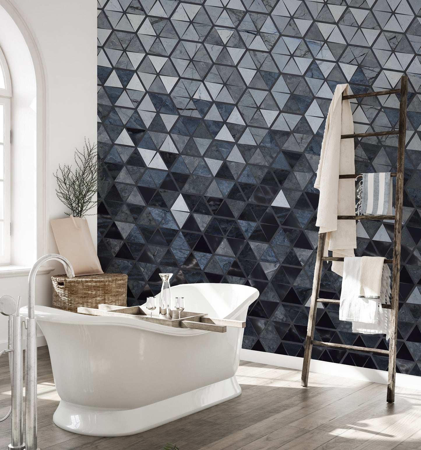 Triangle pattern mural in blue tones.

