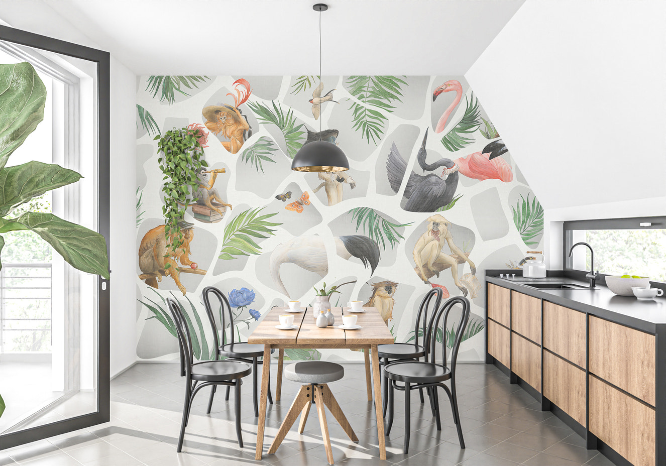 Watercolor monkey and bird wallpaper in gray tones