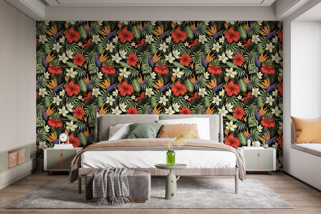 Tropical flowers and leaves wallpaper design
