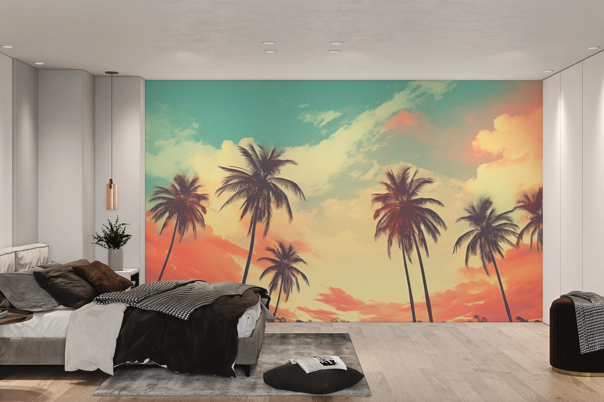 Nostalgic sunset with palm trees mural
