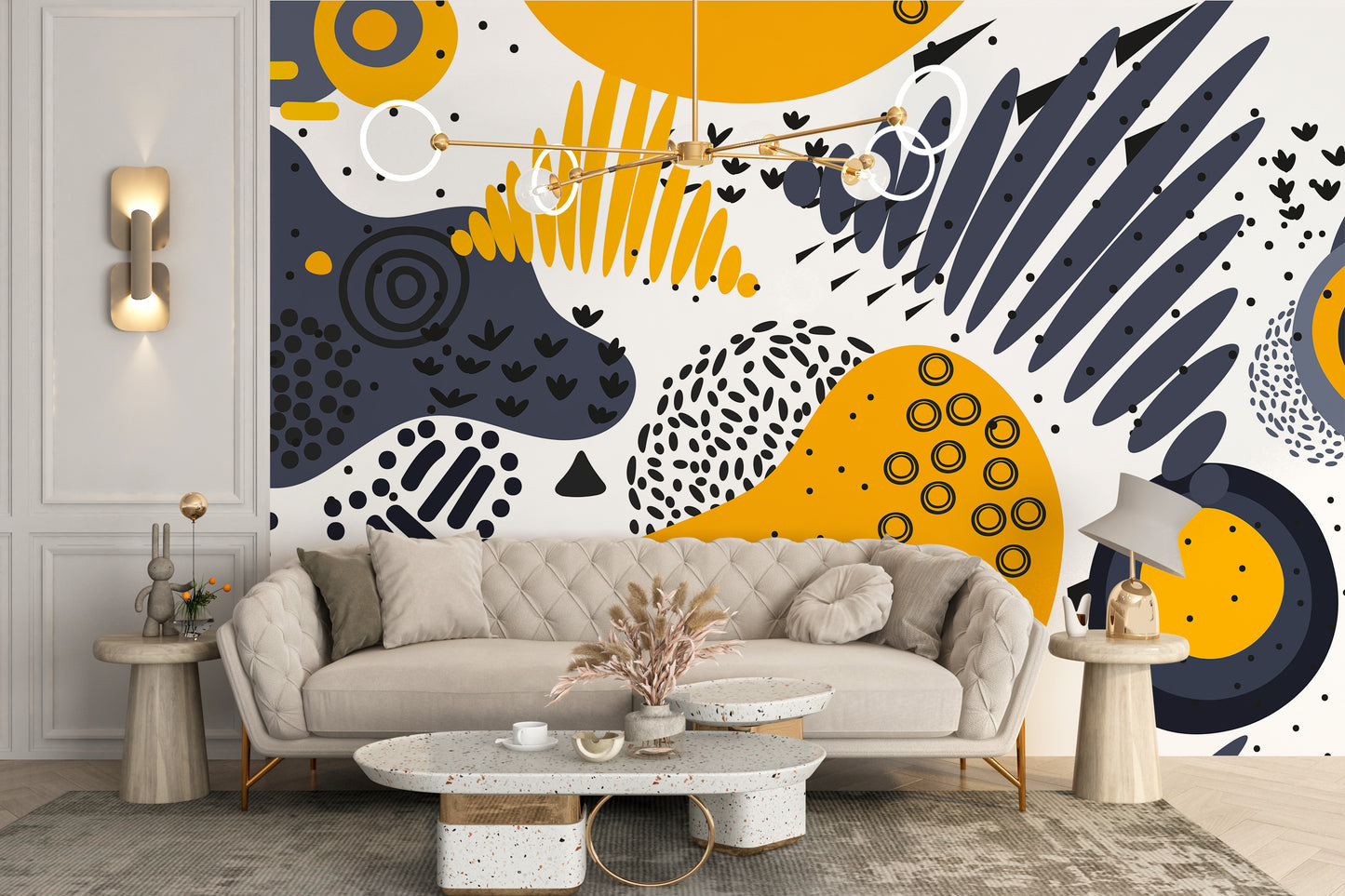 Geometric yellow and gray mural design
