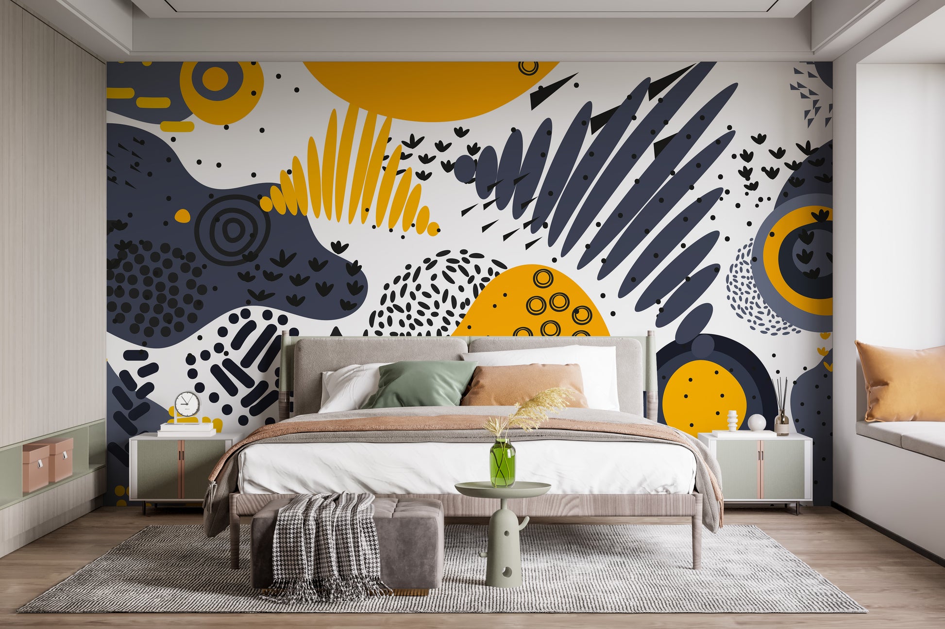 Artistic yellow and gray wall mural
