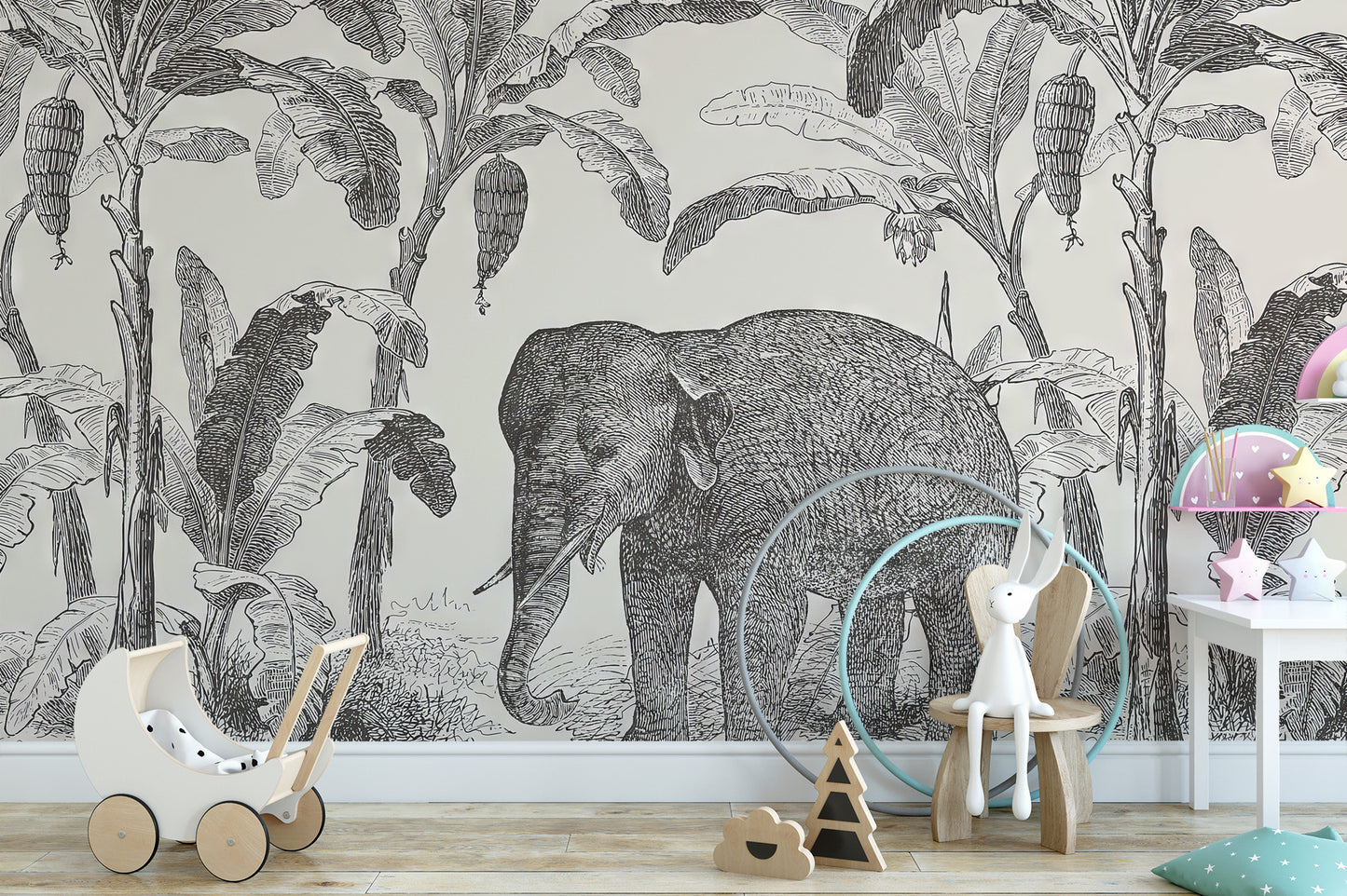 Unique elephant mural with delicate sketchy details and shading
