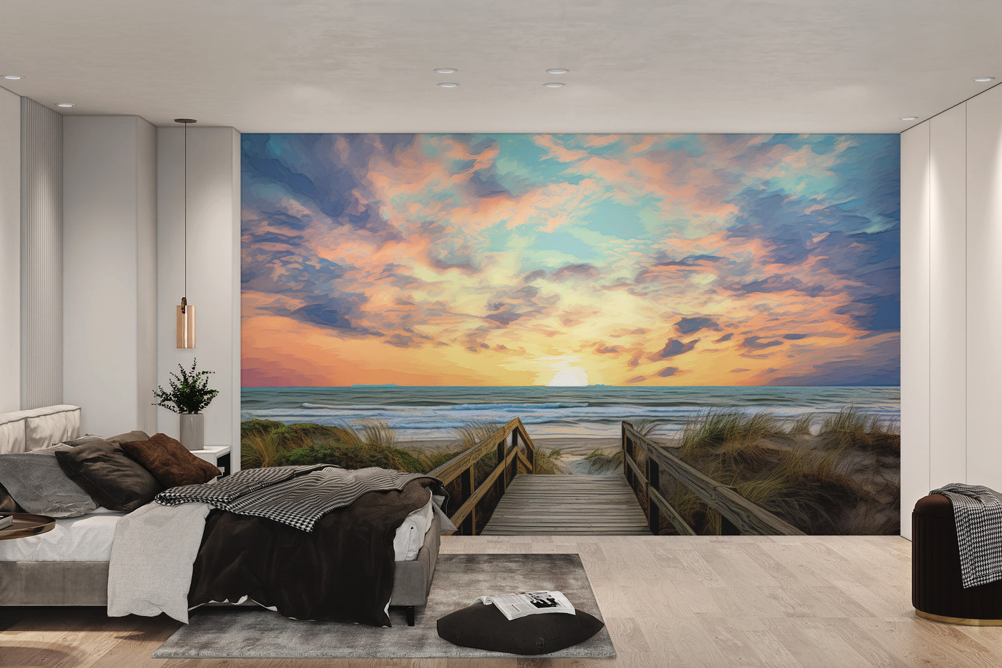 Tropical beach sunset illustration with vibrant skies