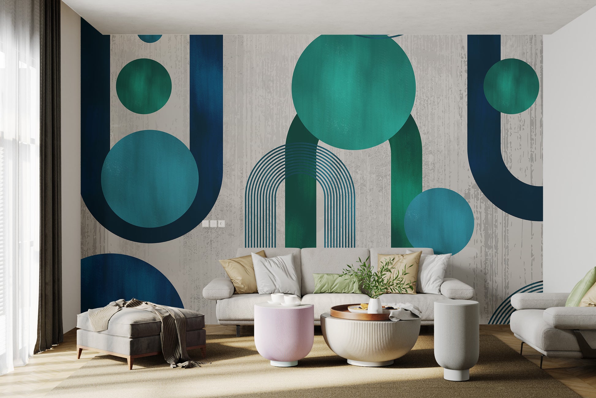 3D geometric wallpaper with overlapping circle pattern
