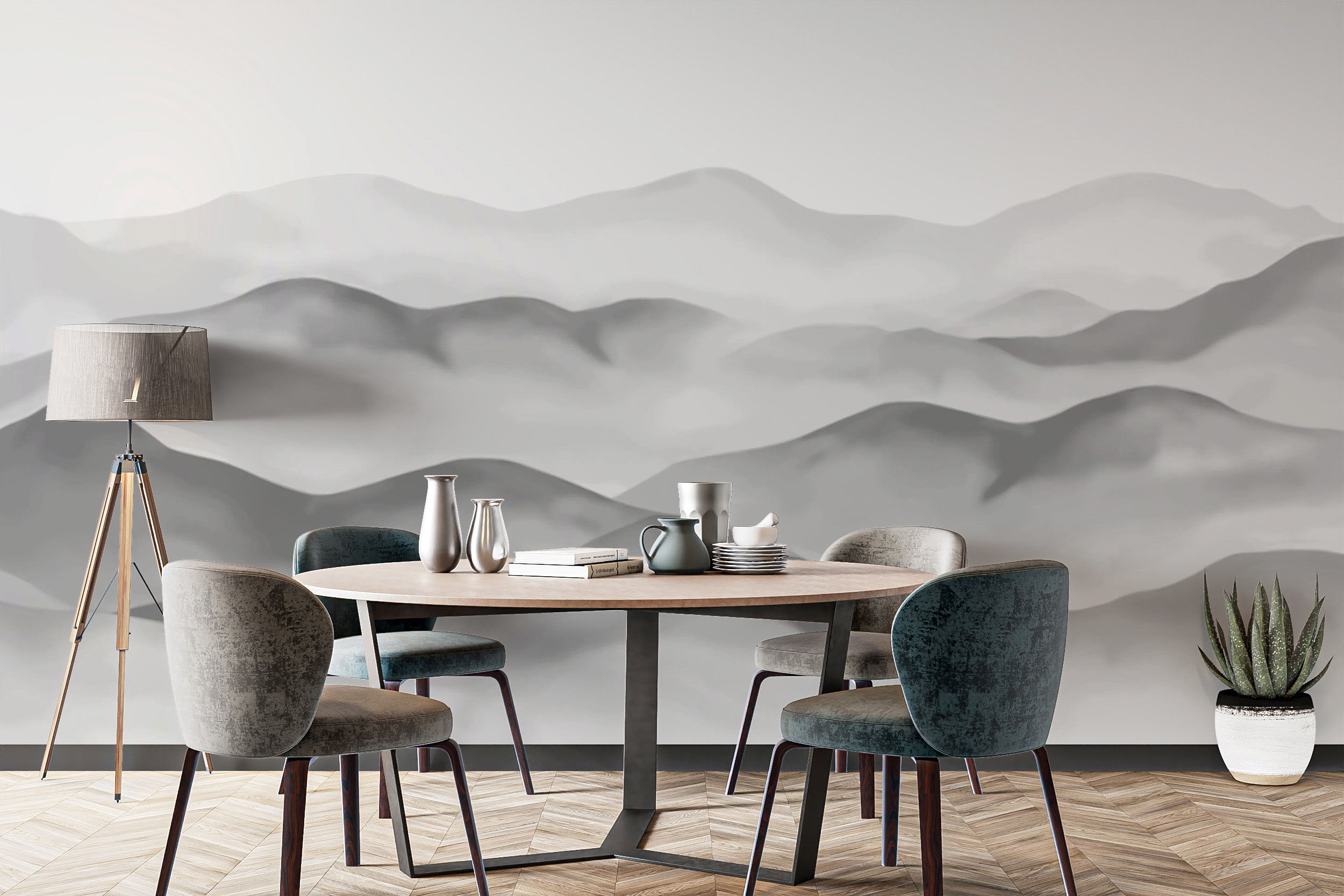 Subtle gray watercolor peaks wallpaper for timeless decor
