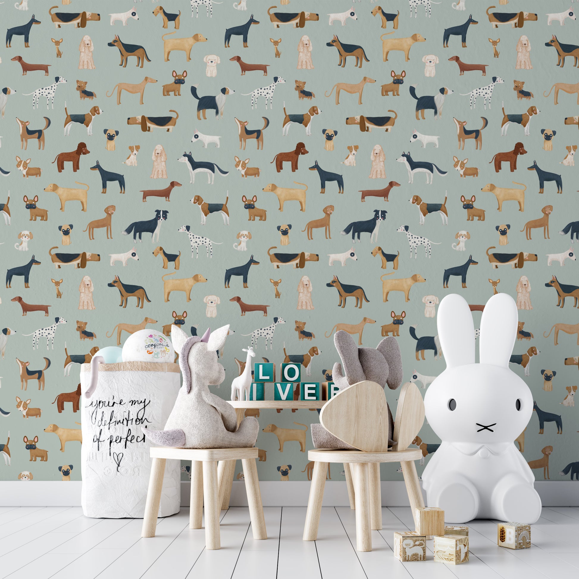 Unique mint green wallpaper with charming dog breed motifs