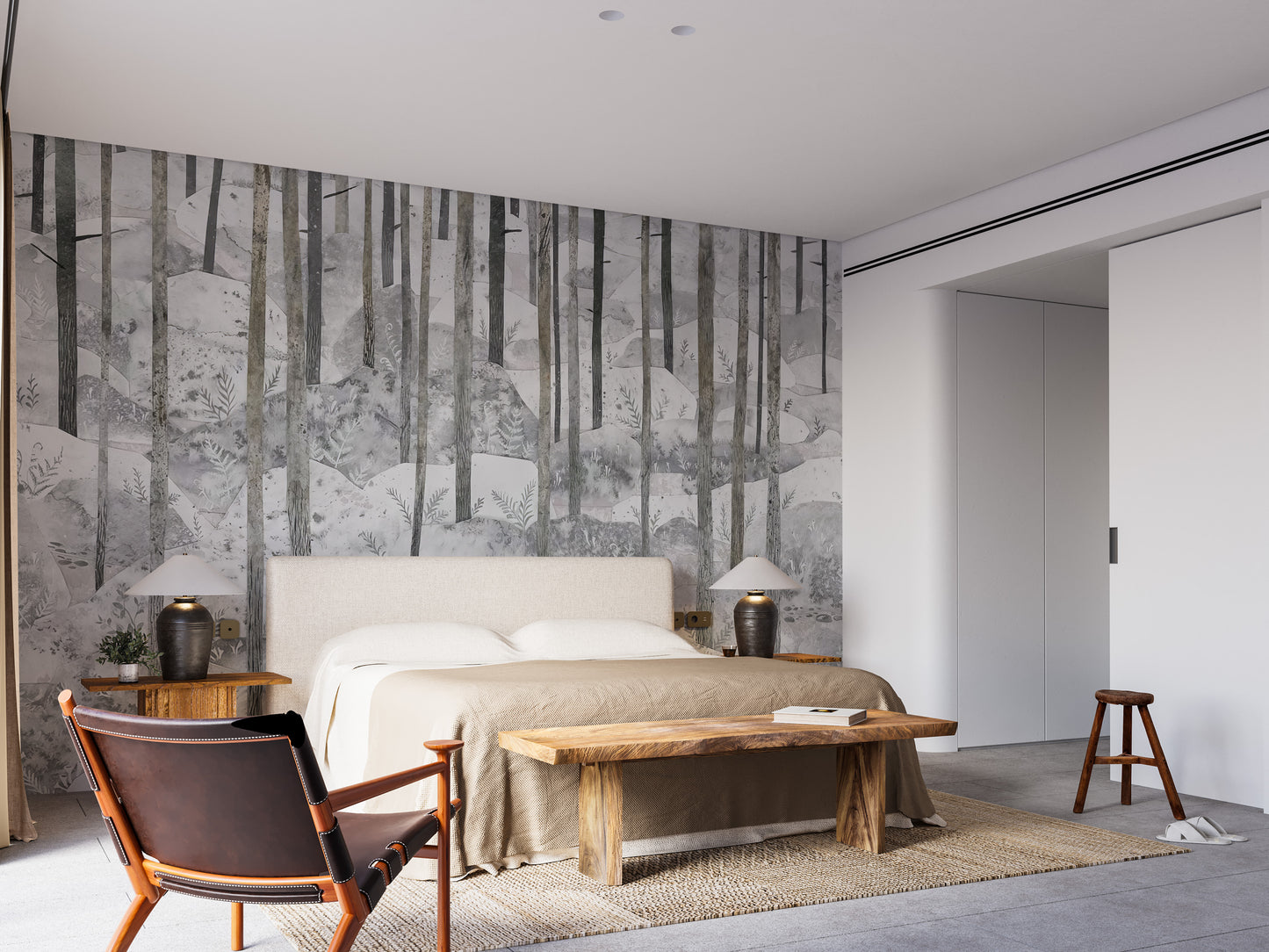 Peel and stick grey woodland mural for tranquil walls