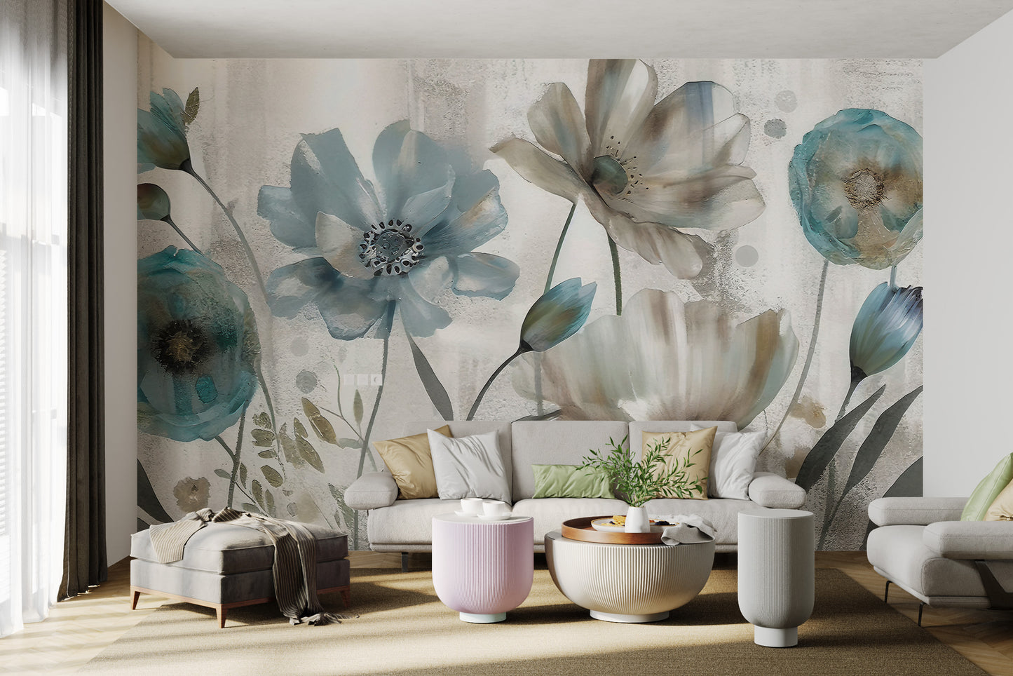 Artistic blooming flower wallpaper in soft watercolor shades
