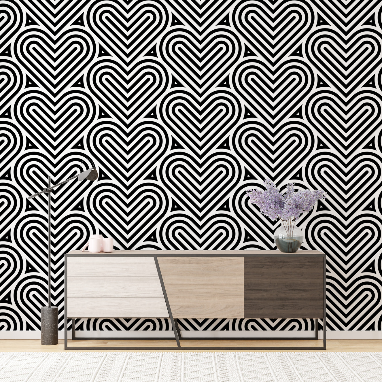 Black and White Geometric Pattern Linear Hearts Wallpaper