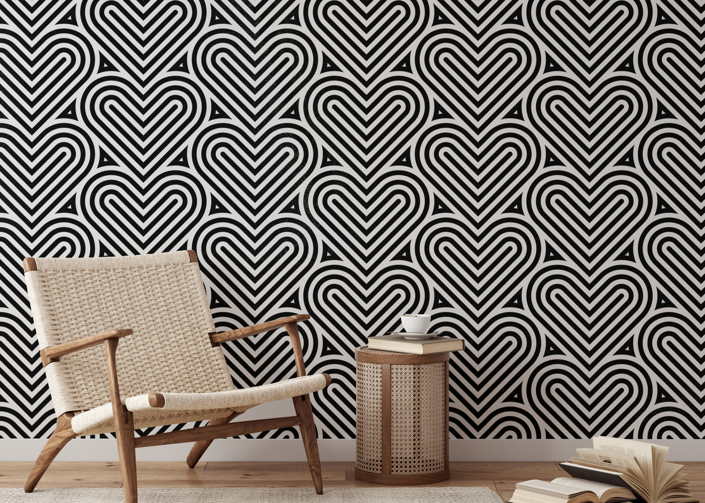 Black and White Geometric Pattern Linear Hearts Wallpaper