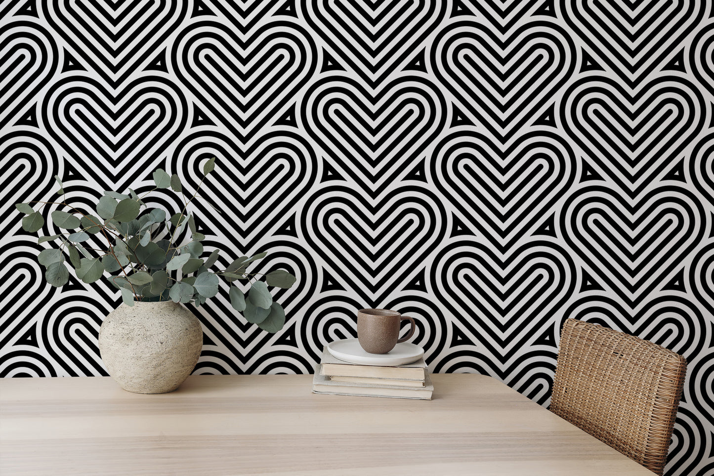 Black and White Geometric Pattern Linear Hearts Wallpaper