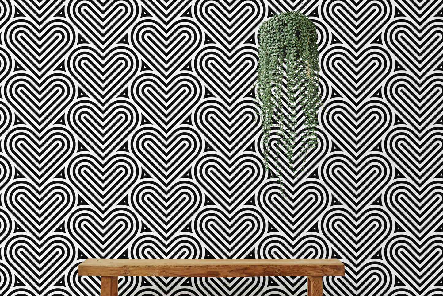 Black and White Geometric Pattern Linear Hearts Wallpaper