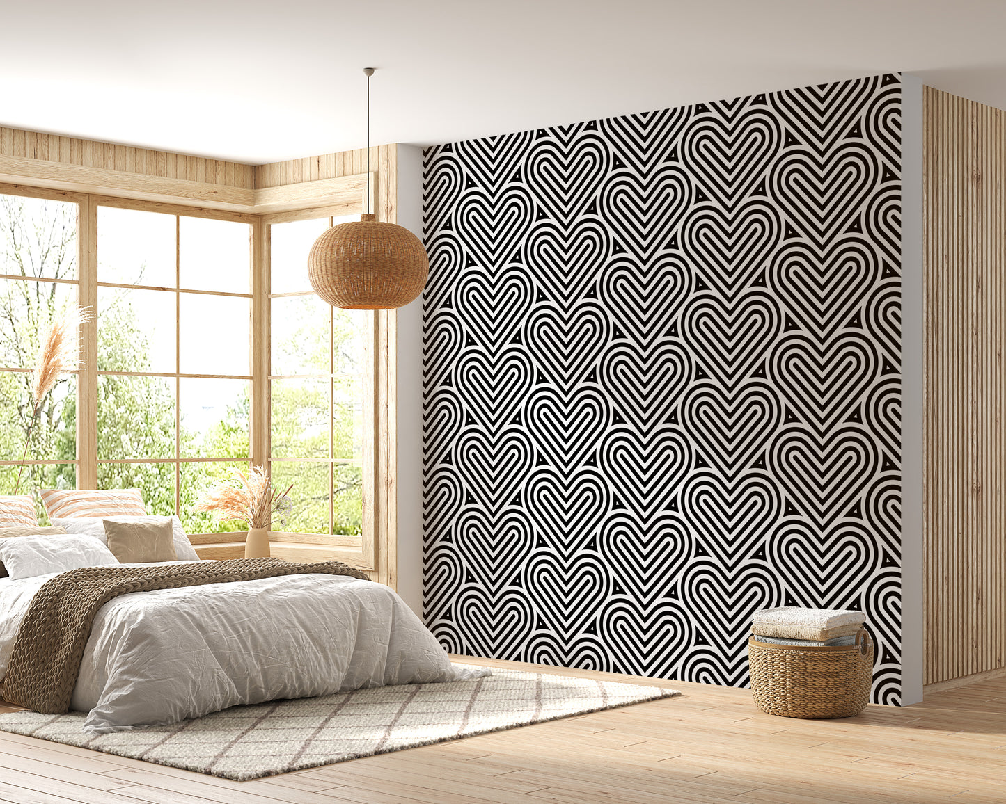 Black and White Geometric Pattern Linear Hearts Wallpaper