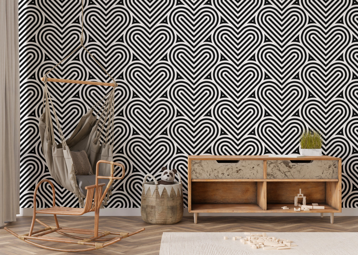 Black and White Geometric Pattern Linear Hearts Wallpaper