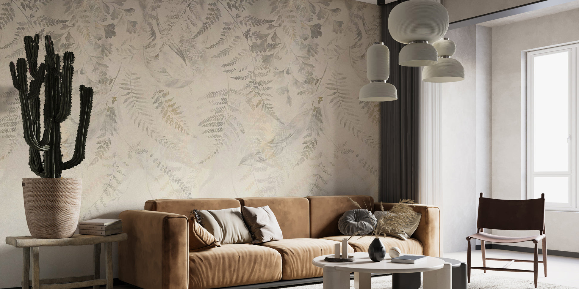 Minimalist beige tropical leaf wallpaper for soft decor
