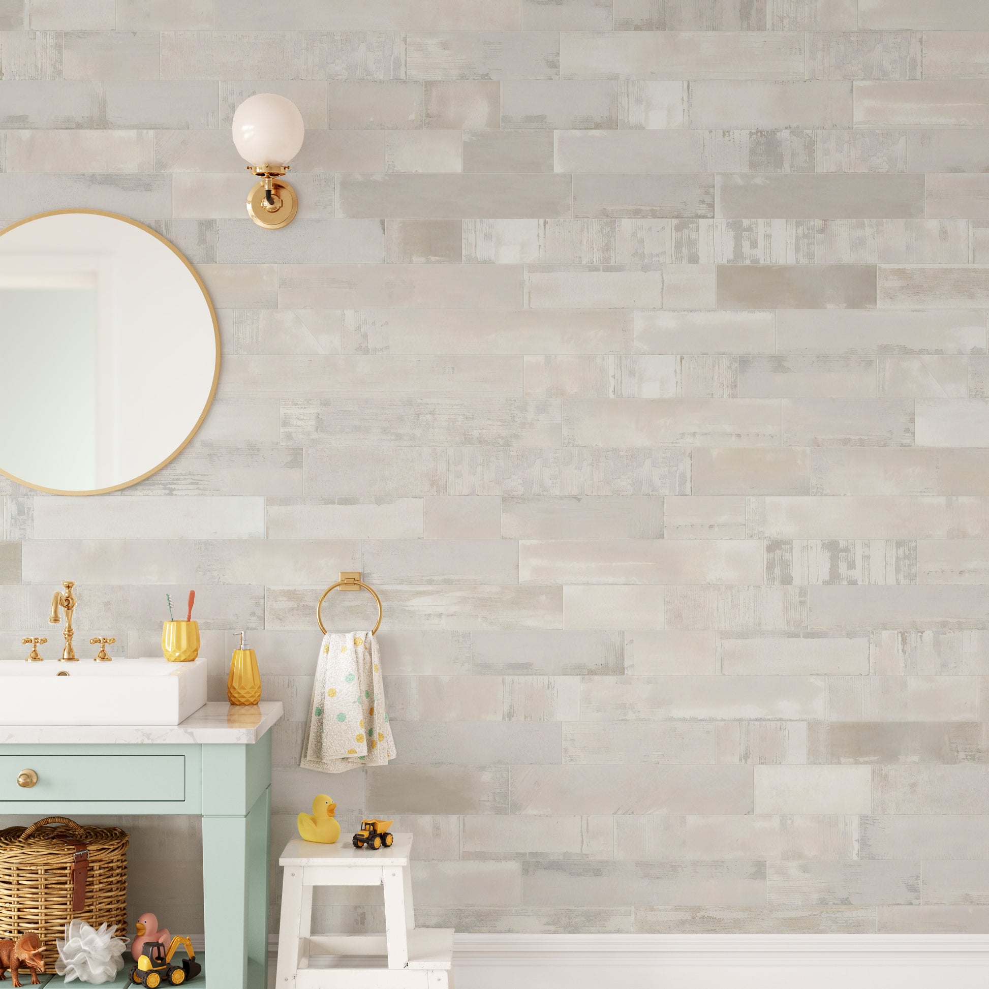 Understated beige faux brick mural