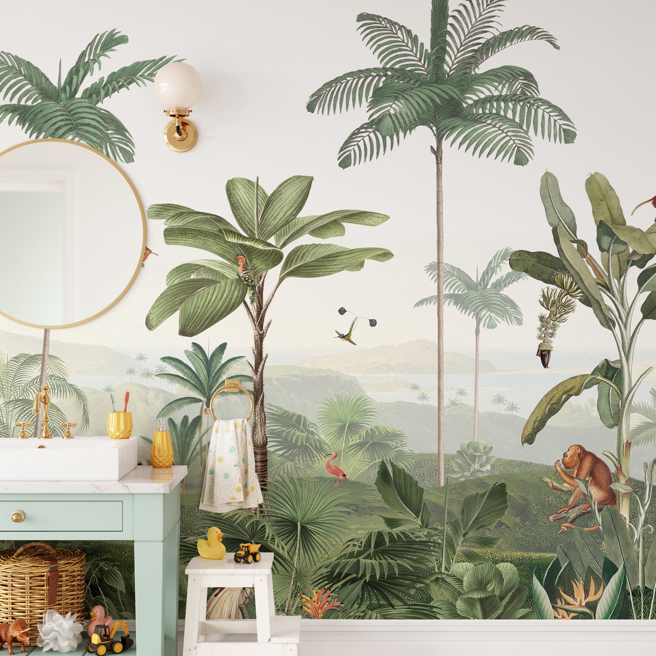 Vibrant Thrilling Tropics mural for exotic room decor.
