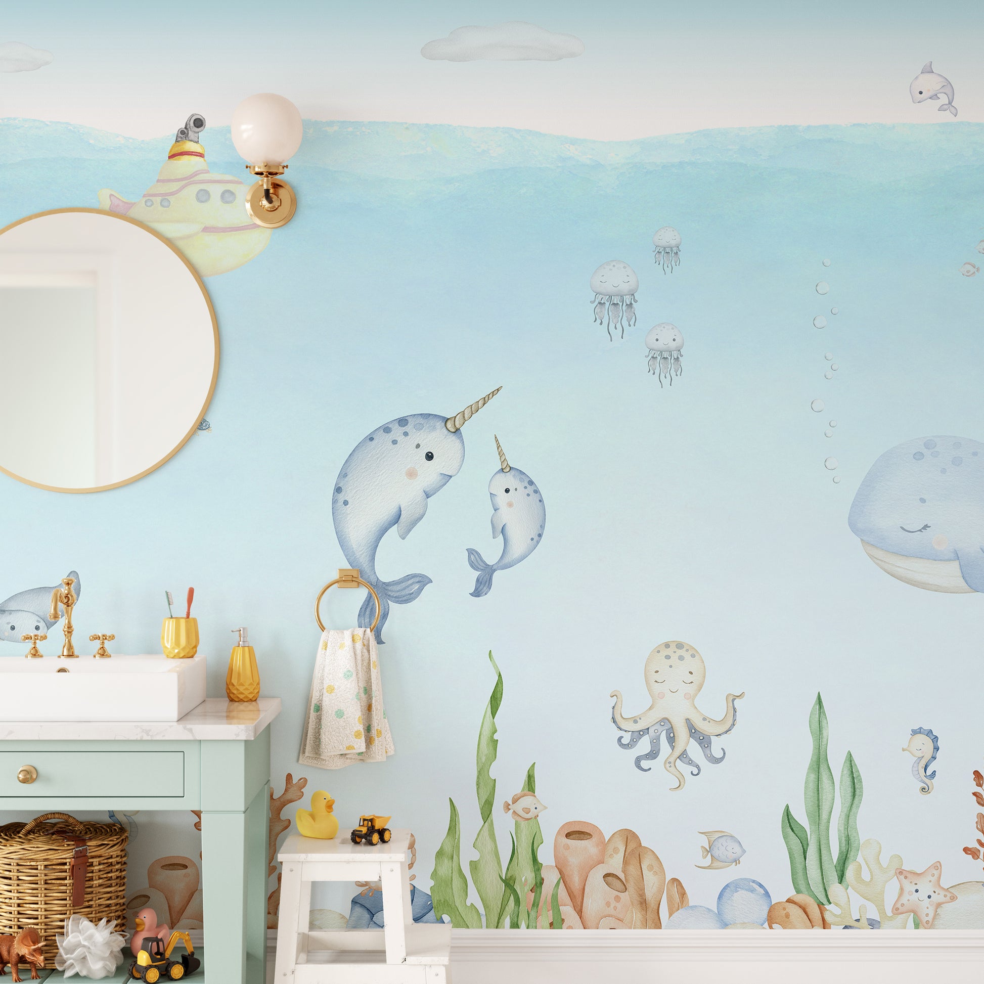 Playful mural featuring marine friends on a submarine adventure
