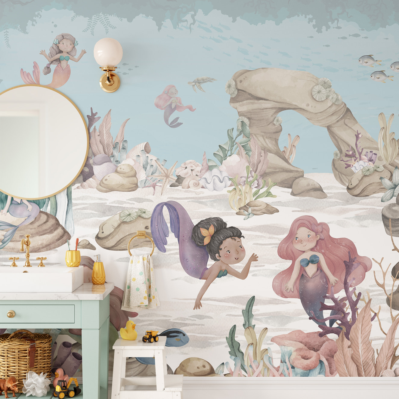 Enchanting mural featuring magical mermaids for girls' rooms
