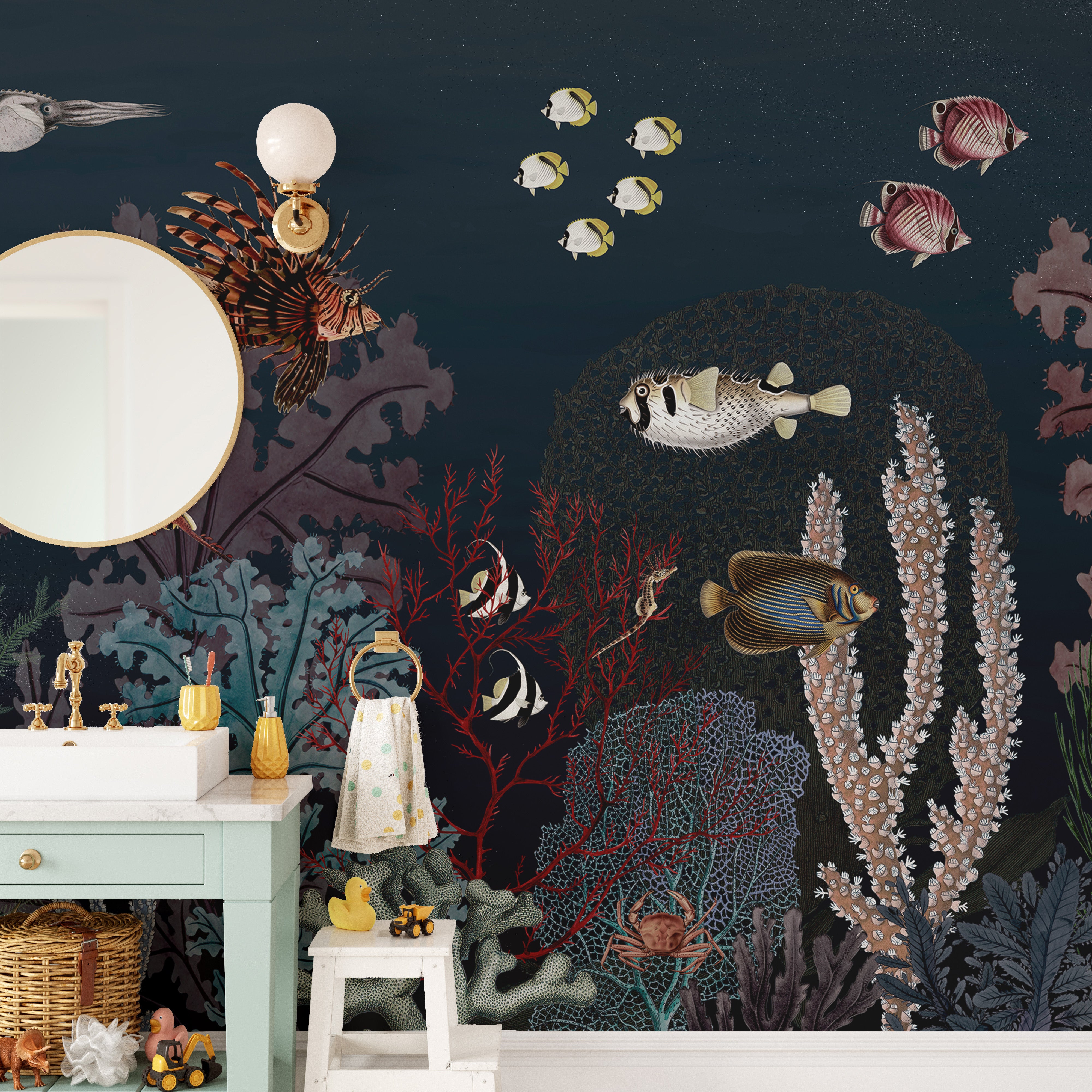 Artistic mural with elegant aquatic ballet imagery.
