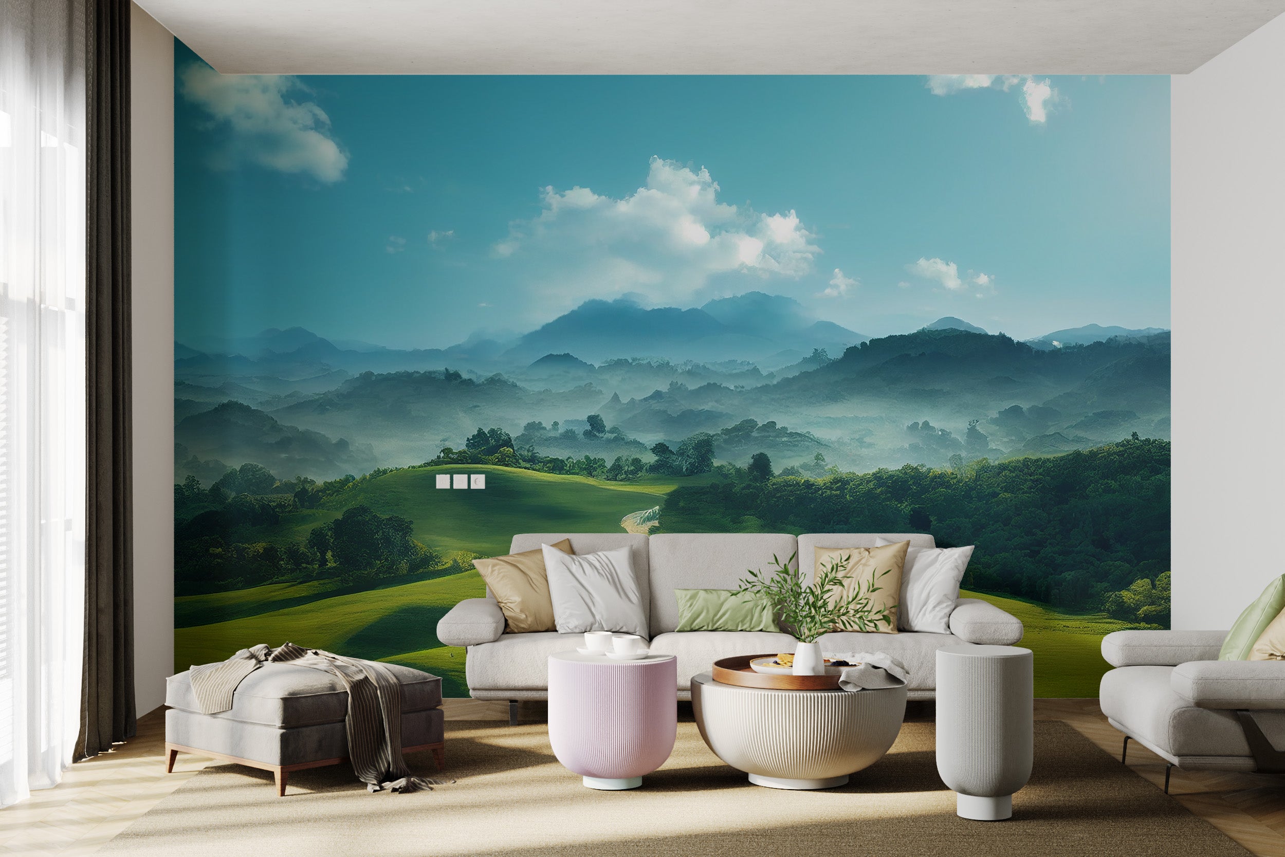 Serene valley landscape mural with lush green tones
