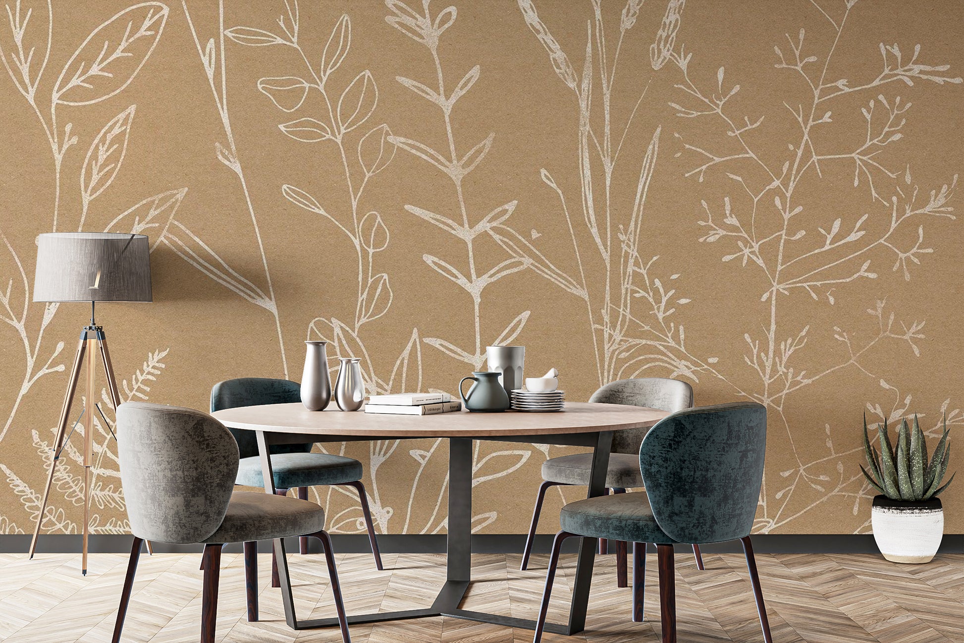 Subtle beige botanical mural for calming wall design
