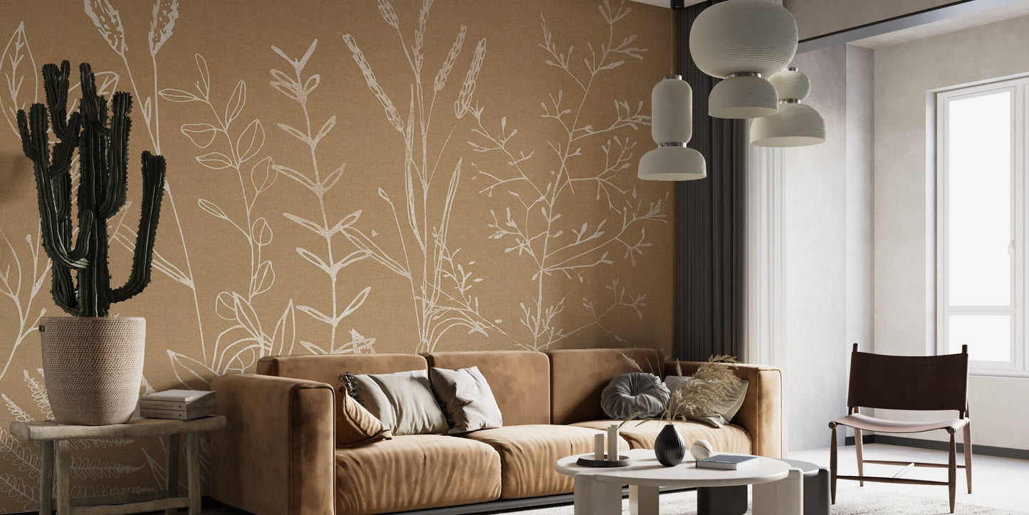 Sophisticated beige botanical wallpaper for interiors
