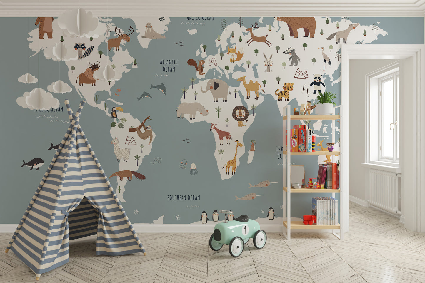 Educational wall mural with animals and a blue world map
