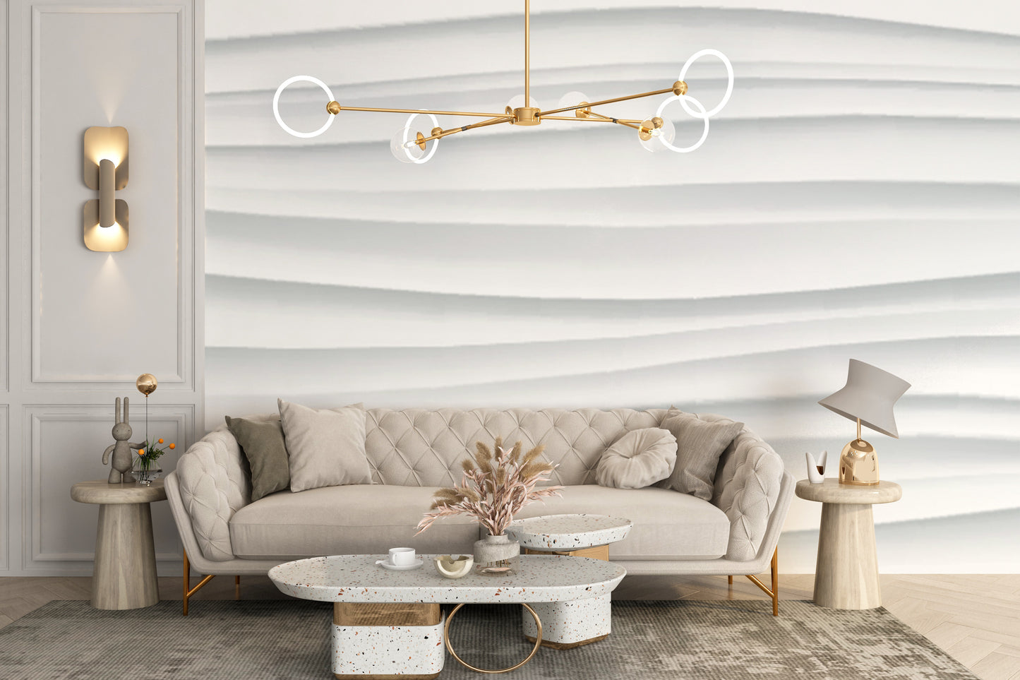 Minimalist white marble wave mural
