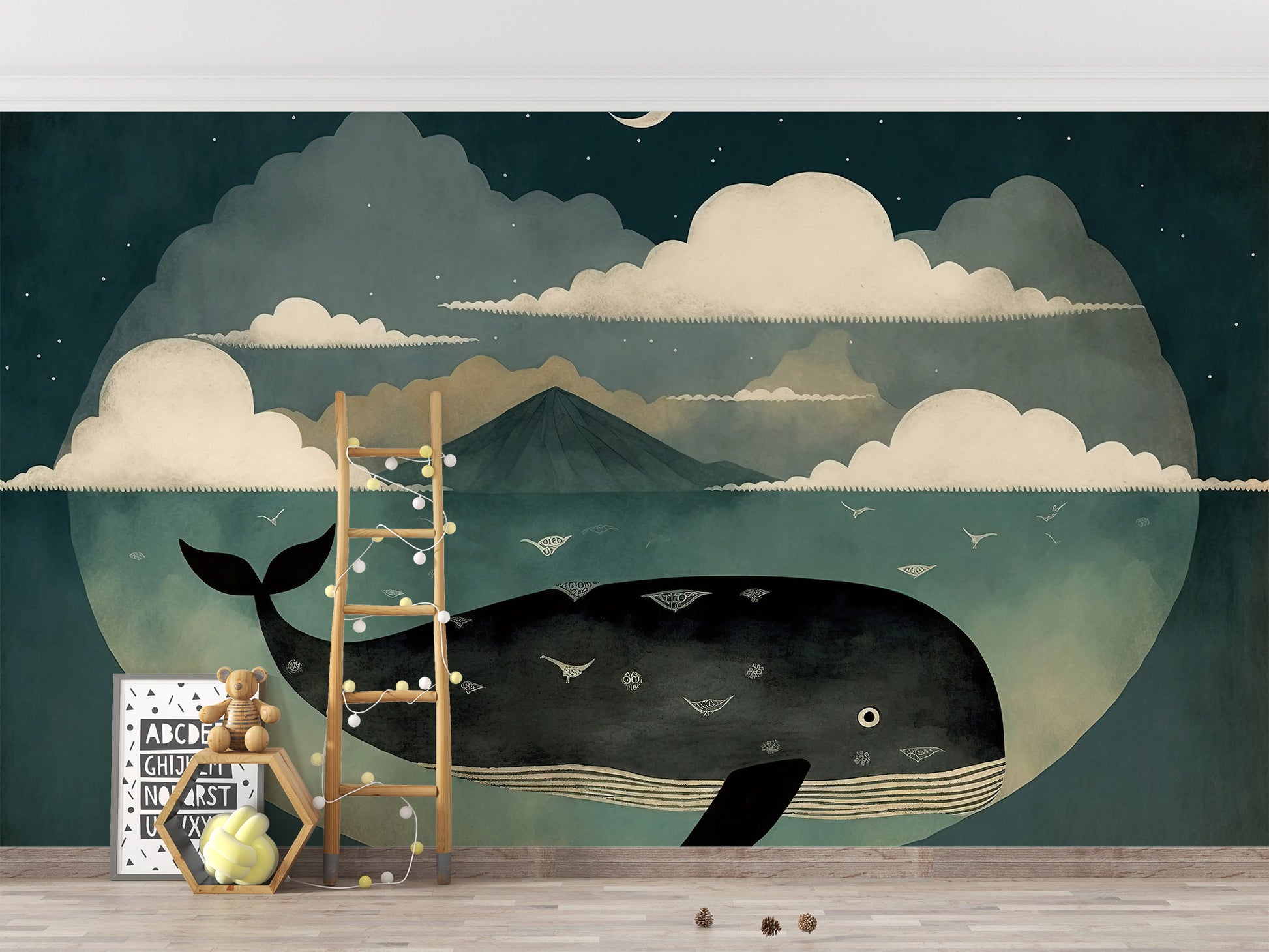 Temporary whale under moon wallpaper for modern rooms