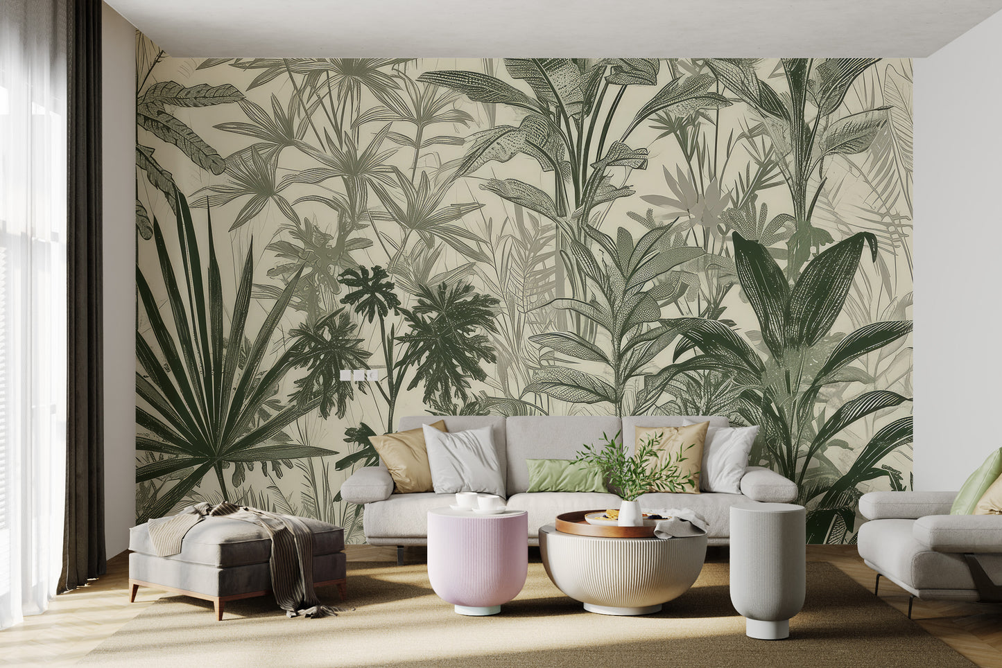 Lush greenery wallpaper with tropical leaf patterns
