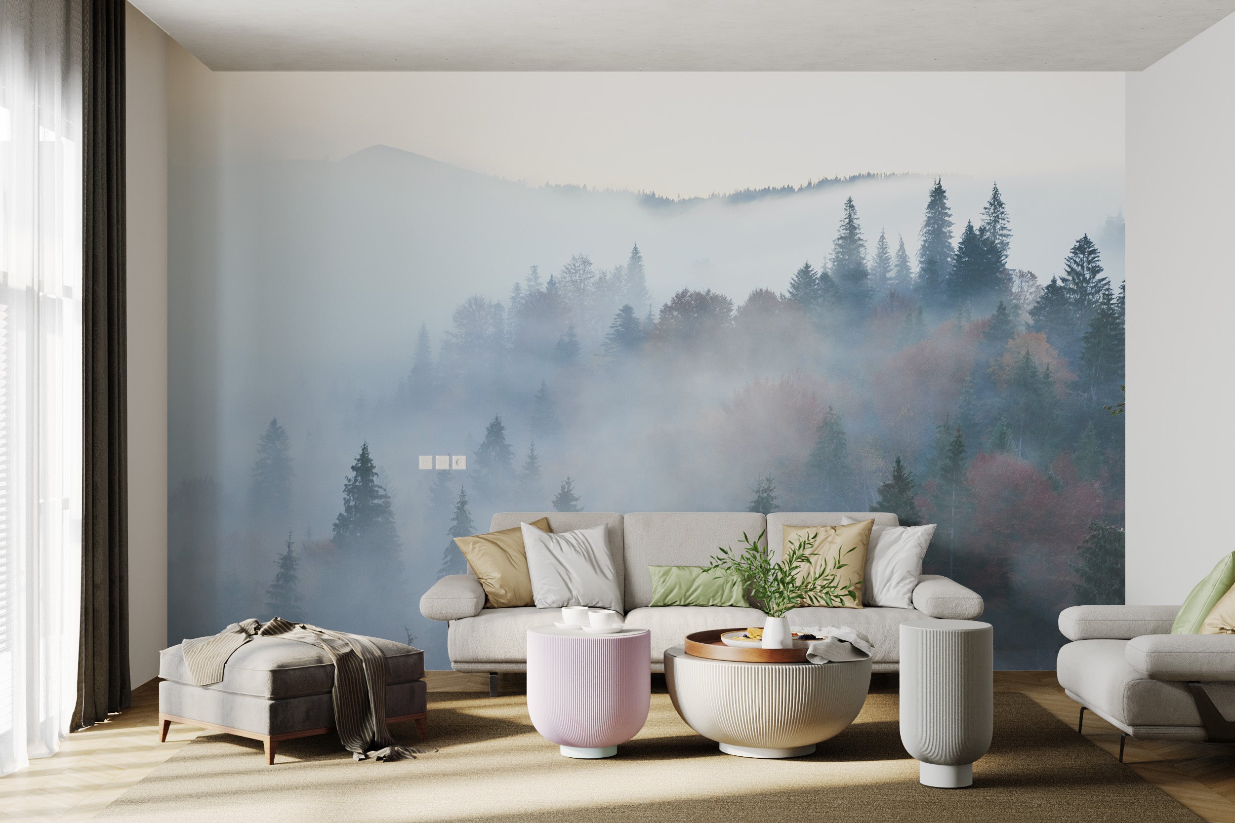 Foggy nature landscape mural with evergreen trees
