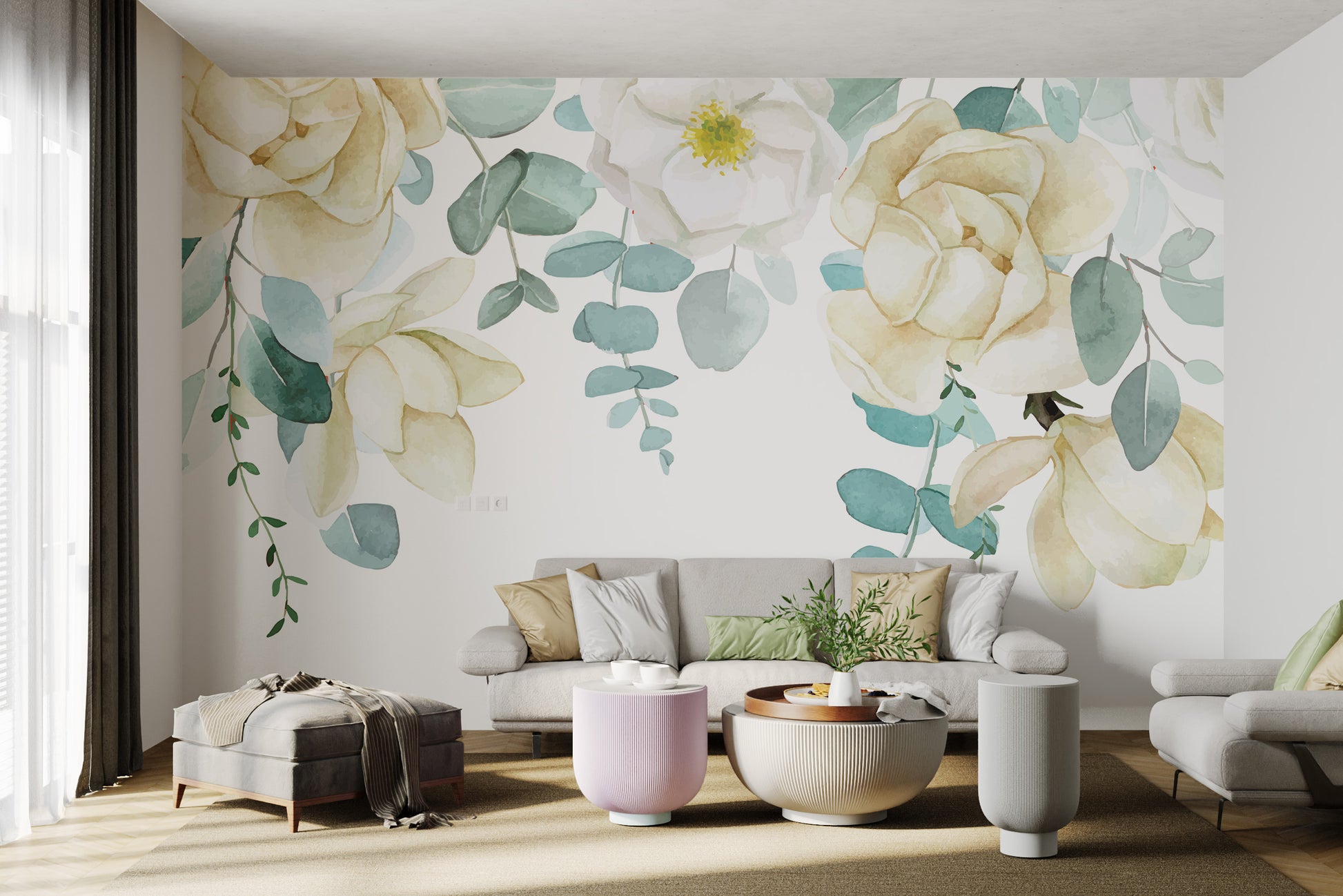 Beige and white rose wallpaper with eucalyptus leaves
