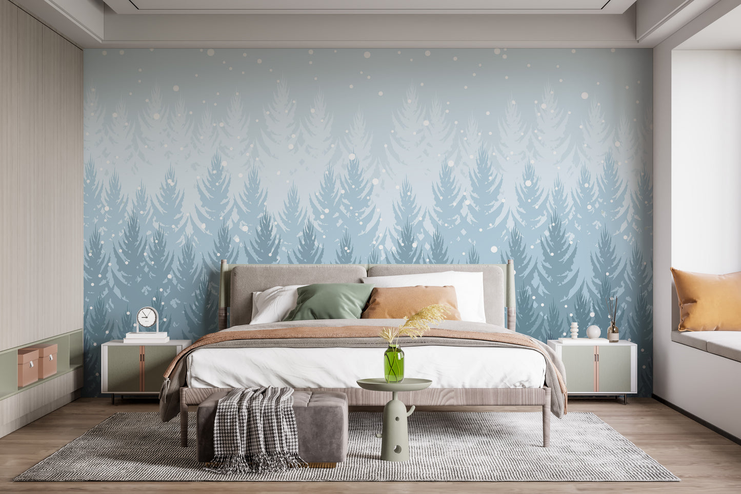 Elegant winter forest mural with tropical feel



