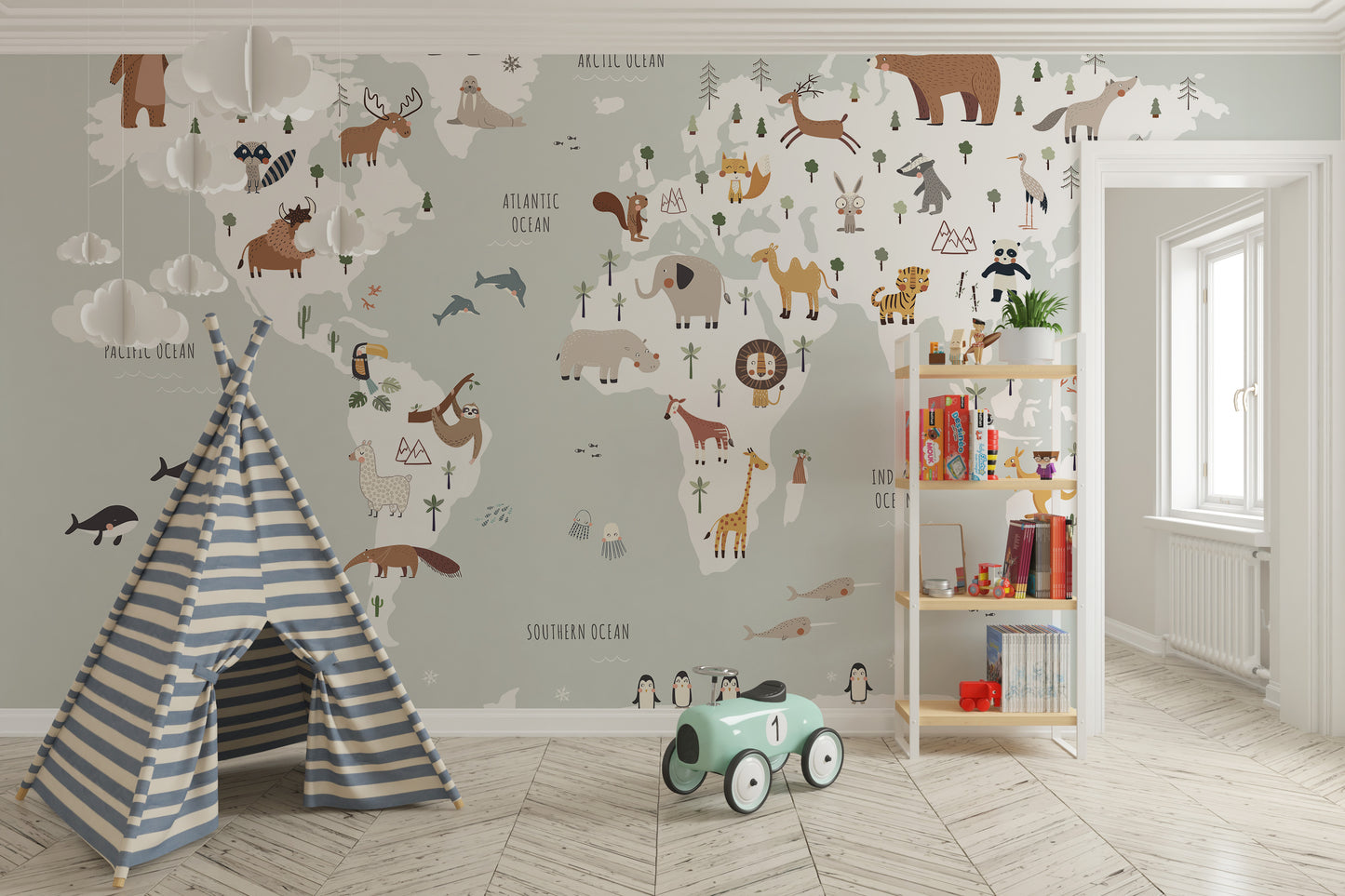 Vibrant animal world map mural for large spaces
