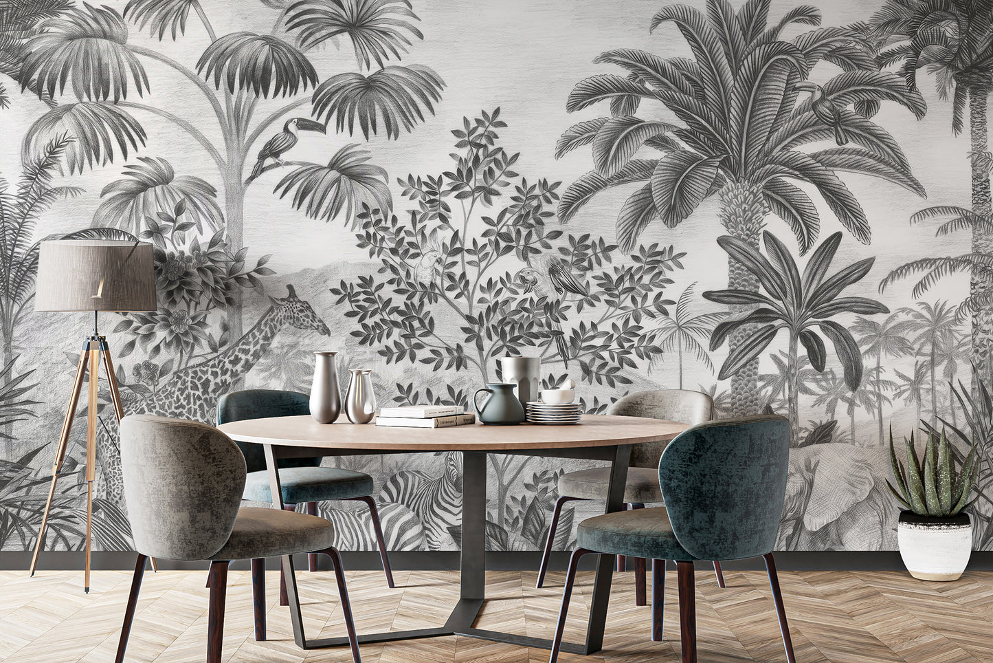 Bold tropical safari wallpaper in black and white tones
