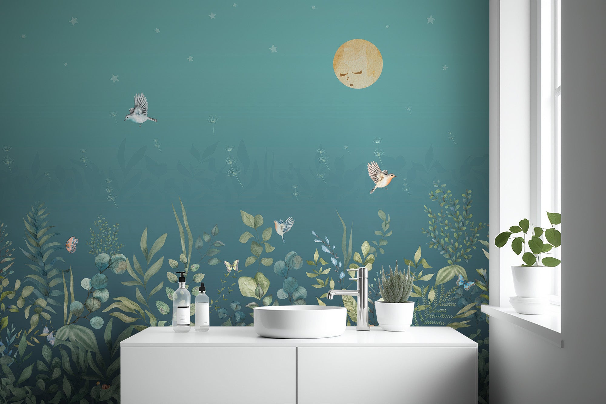 Botanical wall art showing a moonlit garden ambiance