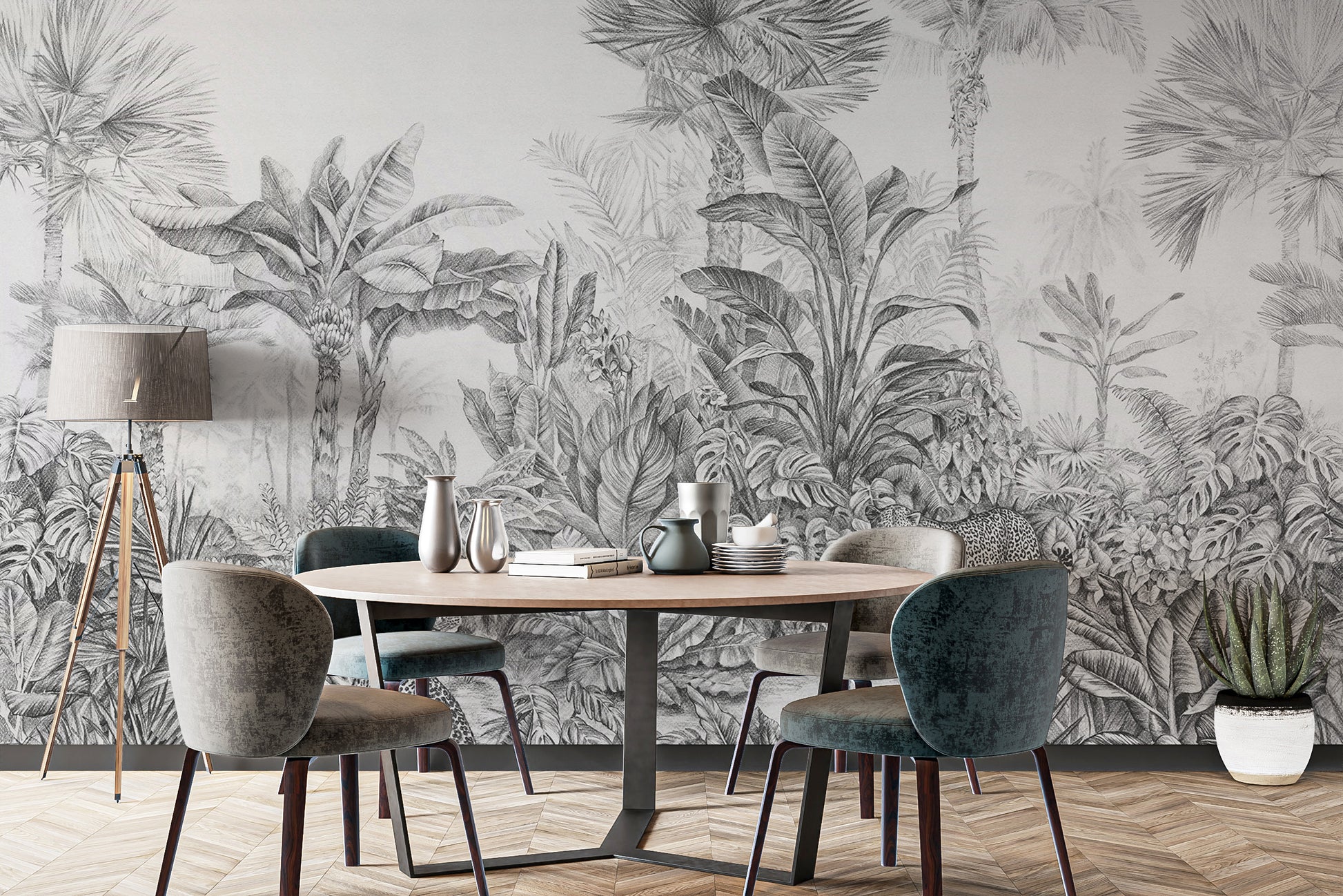 Grey tropical jungle wallpaper for a chic ambiance
