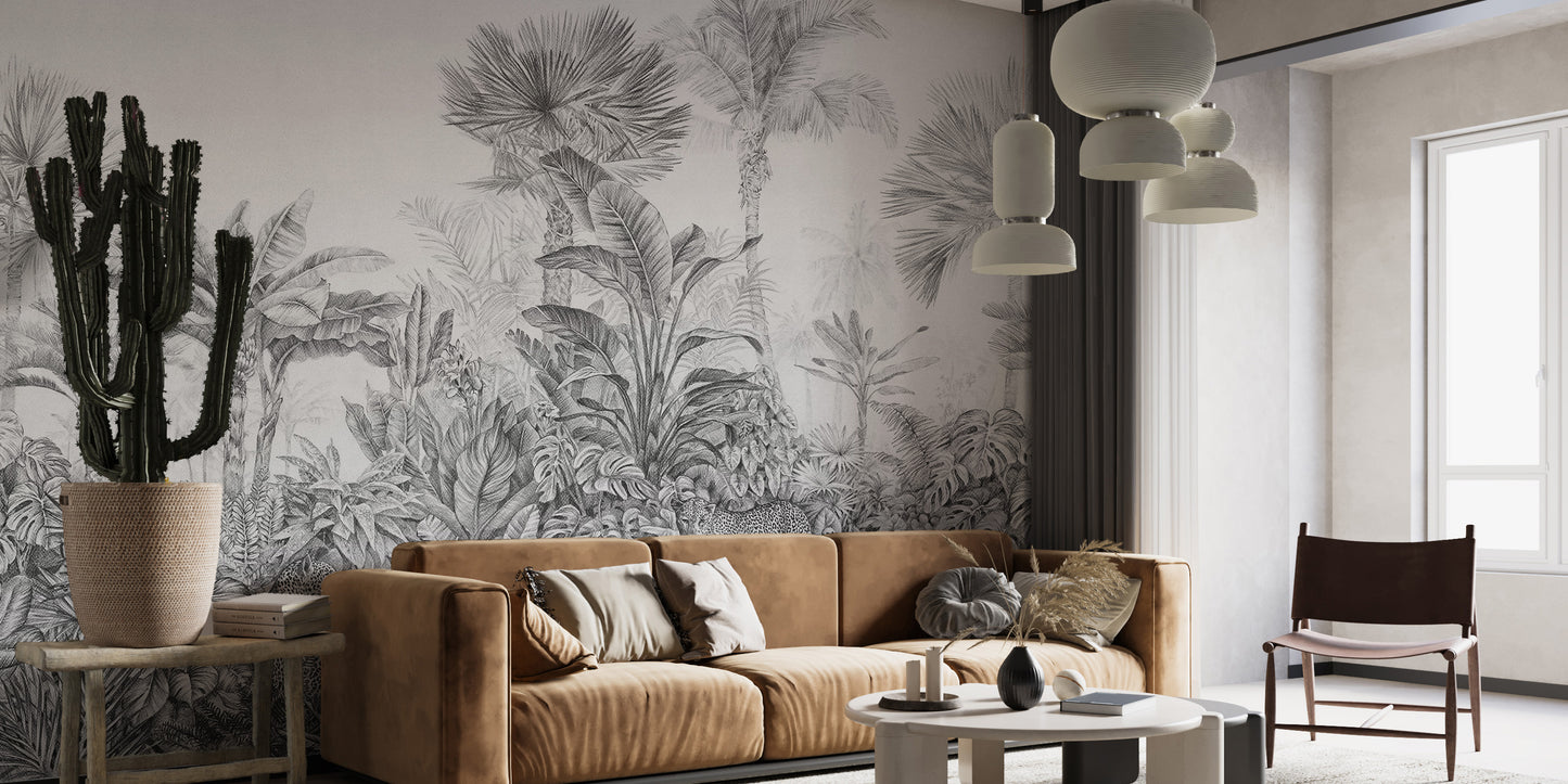 Sophisticated jungle wallpaper with grey leopard accents
